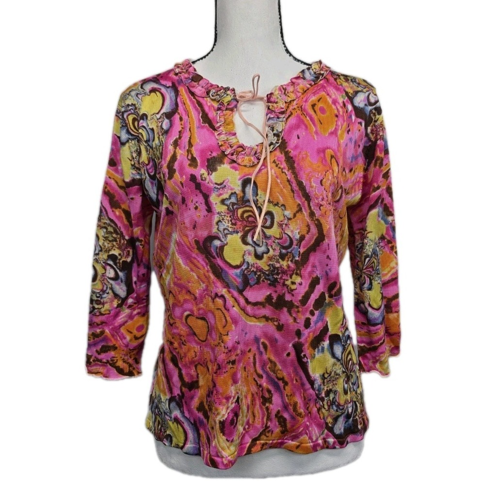 Vtg Joseph A. Shirt Top Size Large Stretch Retro Psychedelic Print Ruffle 3268